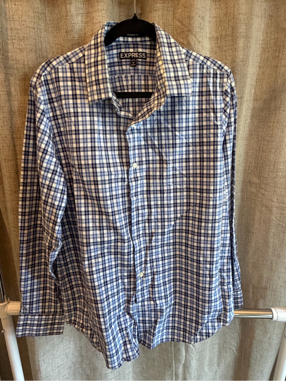 Express Men's Blue and White Check Button-Down Shirt
